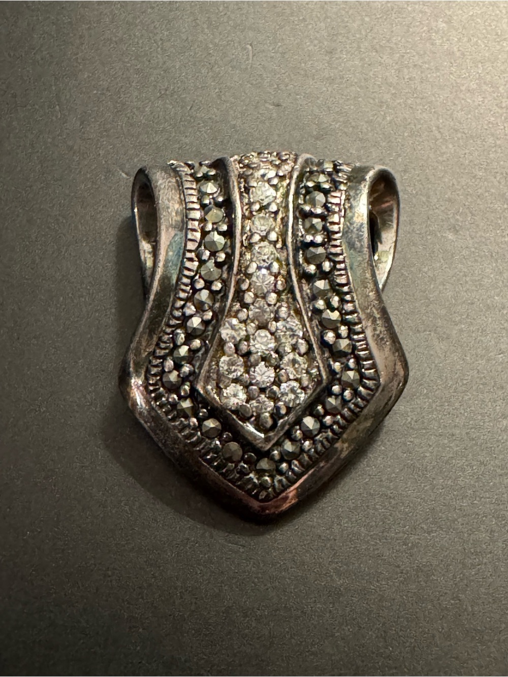 Sterling Silver Marcasite CZ Pavé Art Deco Shield Pendant